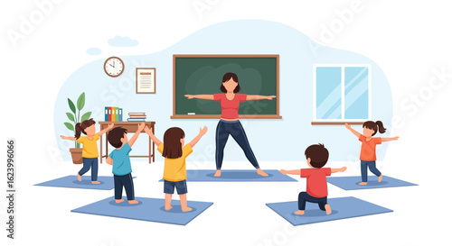 Teacher And Children Exercising In The Classroom For Physical Development