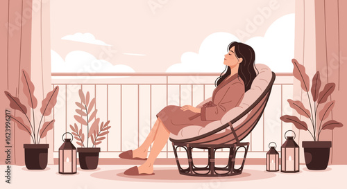 Woman Enjoying Serenity On Balcony In A Relaxing Scene With Potted Plants