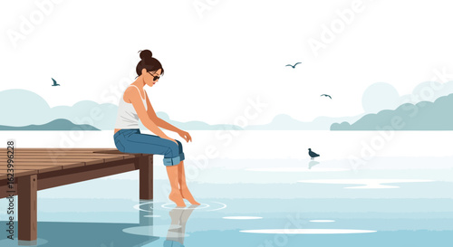 Woman Enjoying Solitude While Sitting on a Pier at Lakeside or Seaside