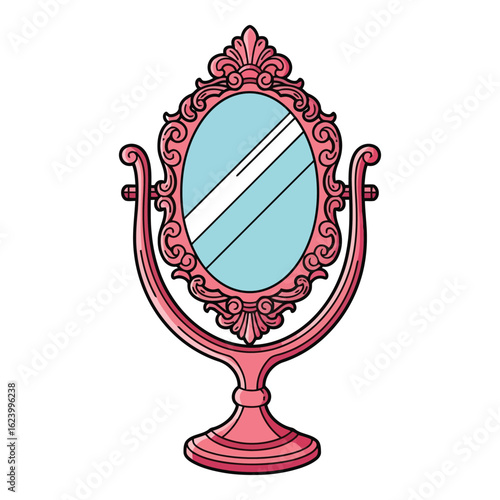 Art of ornate oval table mirror with decorative frame, isolated on white background