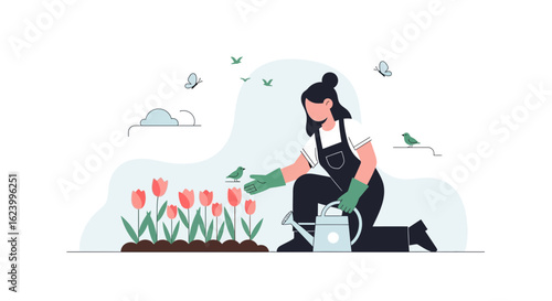 Woman Enjoying Springtime While Gardening Tulips And Interacting With Nature