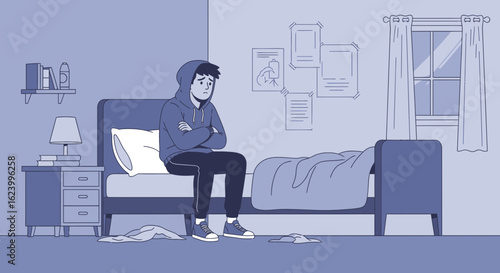 Teenager Expressing Sadness While Sitting On Bed In A Messy Room Illustration