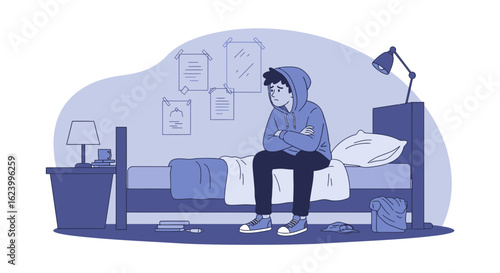Teenager Experiencing Sadness Sitting On Bed In His Room With Hoodie On