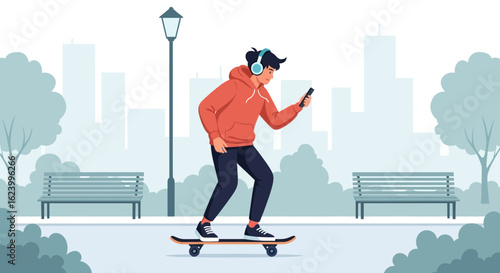 Teenager Enjoying City Park Using Skateboard Listening Music With Smartphone