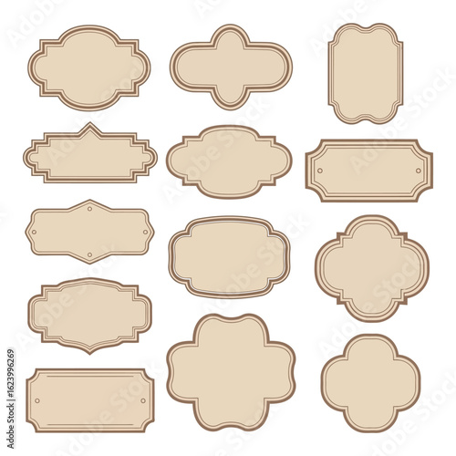 Art of collection of twelve ornate blank labels and tags with decorative borders, isolated on a white background for versatile design use