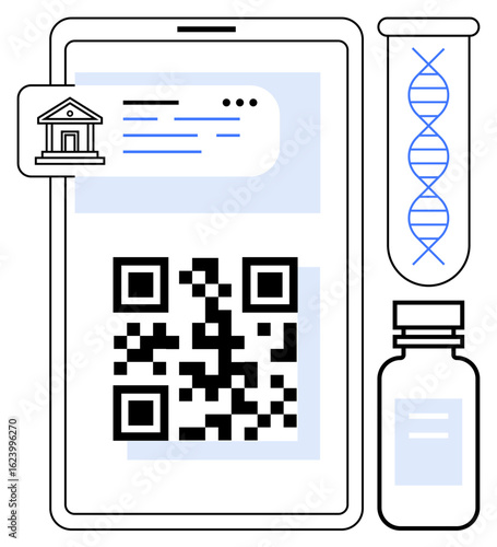 A smartphone displaying a QR code and health document, alongside a DNA test tube and medicine bottle. Ideal for healthcare, biotechnology, digital access, innovation, technology, medical records