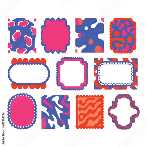 Art of a collection of colorful abstract shapes and frames in pink and blue, perfect for scrapbooking, journaling, or creating unique designs