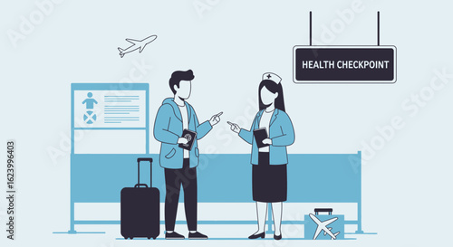 Travel health check at the airport, passenger and nurse at the checkpoint, health and safety during air travel and health screening procedures