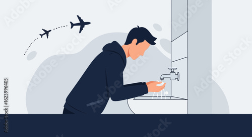 Traveler Protecting Himself By Washing Hands After Arriving at Airport
