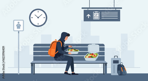 Traveler Enjoying Lunch Break At The Station Before Continuing Journey