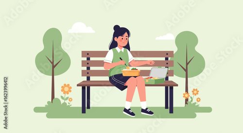 Woman Enjoys Healthy Lunchbox Meal On a Park Bench Under a Sunny Sky