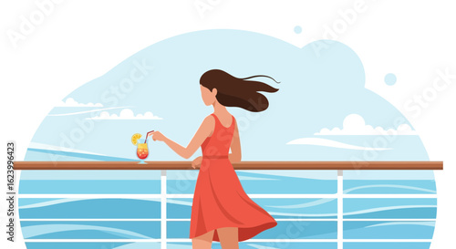 Woman Enjoys Ocean Breeze And A Drink Aboard Cruise Ship During Vacation