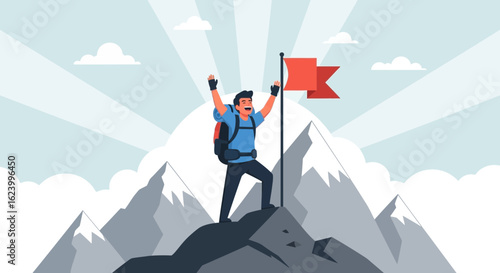 Triumph on Peak: A Cartoon Illustration of Goal Achievement in the Mountains