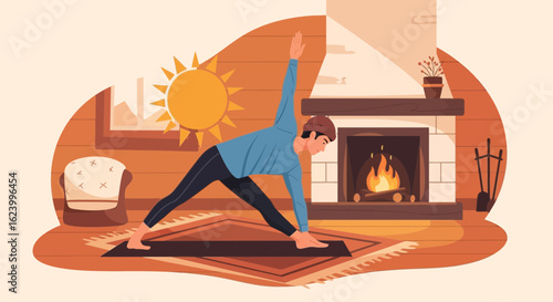 Triangle Pose Practice At Home With Cozy Fireplace And Sunlight Background