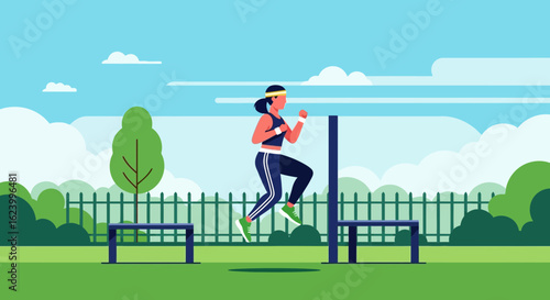 Woman Exercising With Hurdles In A Scenic Park Under A Bright Sky