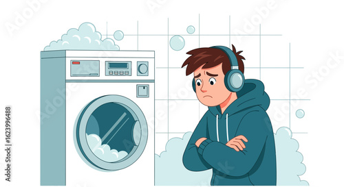 Troubled Teen Facing Laundry Machine With Excessive Bubbles On Wash Day