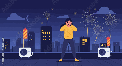 Woman feeling scared and startled on a rooftop with fireworks, buildings and city skyline at night, with palms