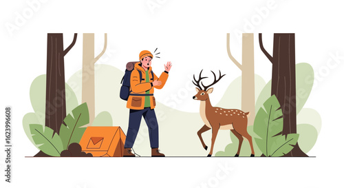Unexpected Encounter Hiker and Deer in Forest Outdoor Adventure Vector Illustration