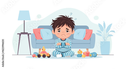 Unhappy Boy In Pajamas With Toys At Home Feeling Sad And Frustrated
