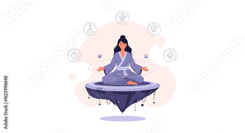 Woman Floating On The Air Practicing Meditation And Spiritual Connection In Isolation