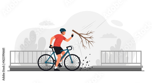 Unlucky Cyclist Facing Unexpected Branch Obstacle On The Road