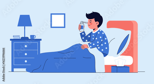 Unwell Boy Applies Nasal Spray Sitting In Bed At Home Illustration