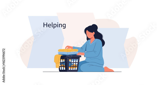 Woman Folding Clean Laundry In Minimalistic Style For Domestic Chores Concept