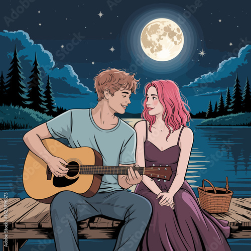 A tender moment captured with a couple sitting by a lake, as the man plays guitar beneath a bright moon, symbolizing romance, connection, and the beauty of shared moments at night.