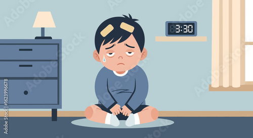 Upset Boy With Bandages Sitting On The Floor In His Bedroom