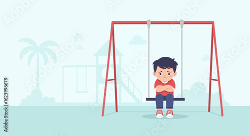 Upset Boy Sits Alone on Swing Set at Playground Feeling Sad and Lonely