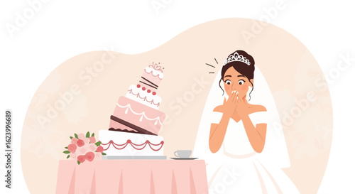 Upset Bride Looking At Falling Wedding Cake At Wedding Party Disaster