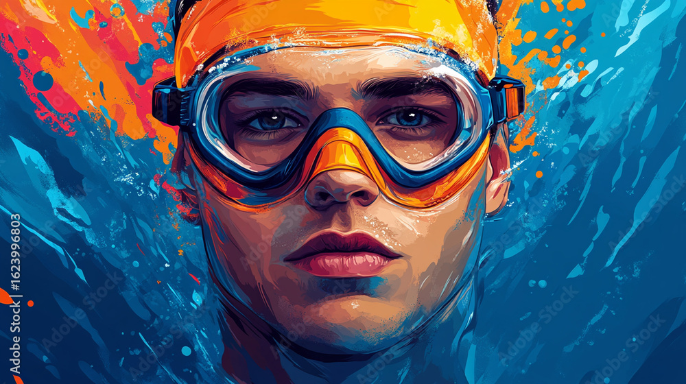 Naklejka premium Diver with goggles underwater, vibrant abstract background