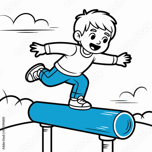 This vibrant image depicts a boy confidently balancing on a blue beam, showcasing his adventurous spirit and playfulness amidst a clear sky and a playful atmosphere.