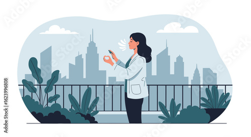 Urban Respite Woman Breathing Fresh Air In Front Of A City Skyline