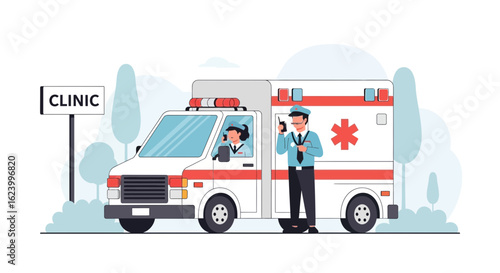 Urgent Medical Assistance Team Standing By an Ambulance at Clinic