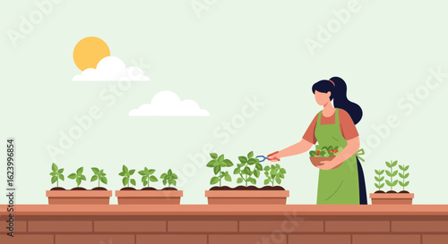 Woman Harvesting Fresh Herbs From Balcony Garden On Sunny Day Environment