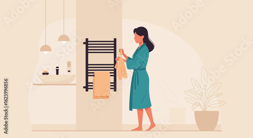 Woman Hanging Towels In Modern Minimalist Bathroom Morning Routine Wellness