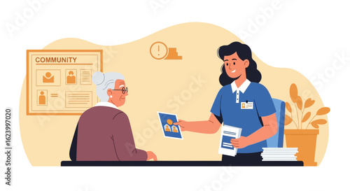 Volunteer Offers Social Program Information To An Elderly Person Illustration