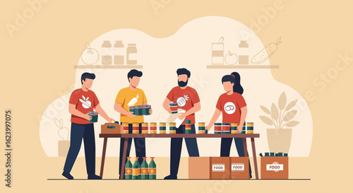 Volunteers Pack Food Donations For Charity At Distribution Center Illustration
