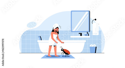 Woman In Bathroom Scared By Cockroach Invasion Inside Home Cleaning Needed