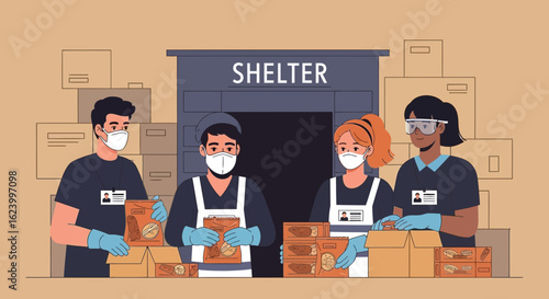 Volunteers Packing Food Donations At Shelter With Social Distancing Measures
