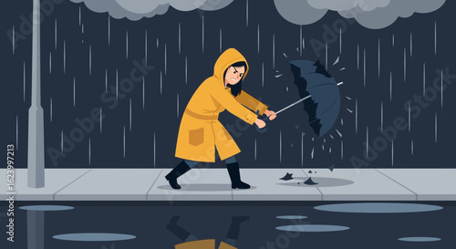 Weathering The Storm Angry Woman Struggle With Broken Umbrella In Heavy Rain