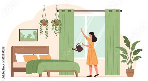 Watering Potted Plants In Bedroom A Woman Caring For Indoor Decor
