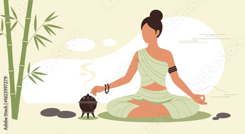 Woman In Meditation With Incense Near Bamboo Trees For Serene Ritual