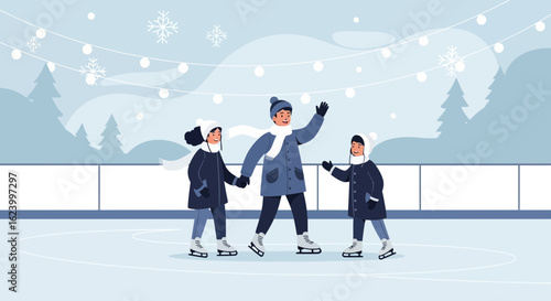 Winter Fun A Family Day At The Ice Rink Skating Together Happily