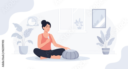 Woman In The Lotus Position Using A Gua Sha For Face Massage At Home