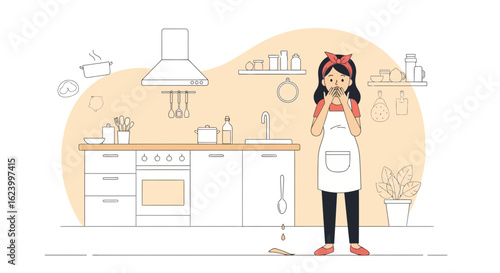 Woman In The Kitchen With A Cooking Mistake Feels Anxious About The Situation