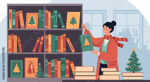 Woman Arranging Festive Christmas Books And Decorations In Home Library