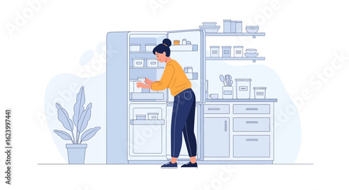 Woman Arranging Food Inside Refrigerator In The Kitchen At Home