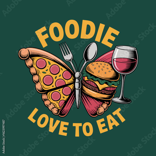 This vibrant graphic features a butterfly made of delicious food elements like pizza and a burger, showcasing a love for culinary delights and fun aesthetics.